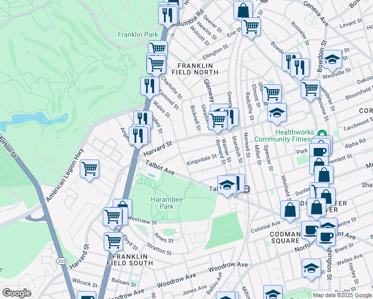 map of restaurants, bars, coffee shops, grocery stores, and more near 57-59 Nightingale Street in Boston