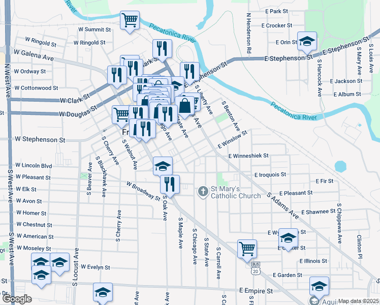 map of restaurants, bars, coffee shops, grocery stores, and more near 313 South Chicago Avenue in Freeport
