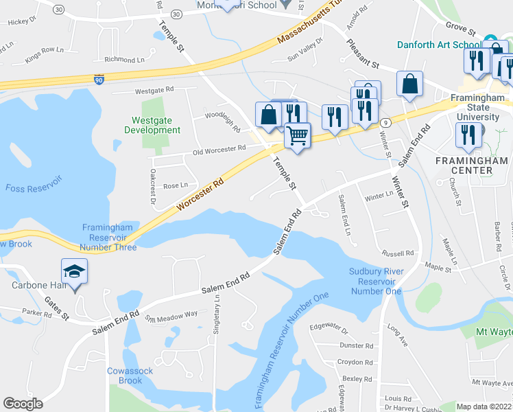 map of restaurants, bars, coffee shops, grocery stores, and more near 9 Reservoir Ridge in Framingham