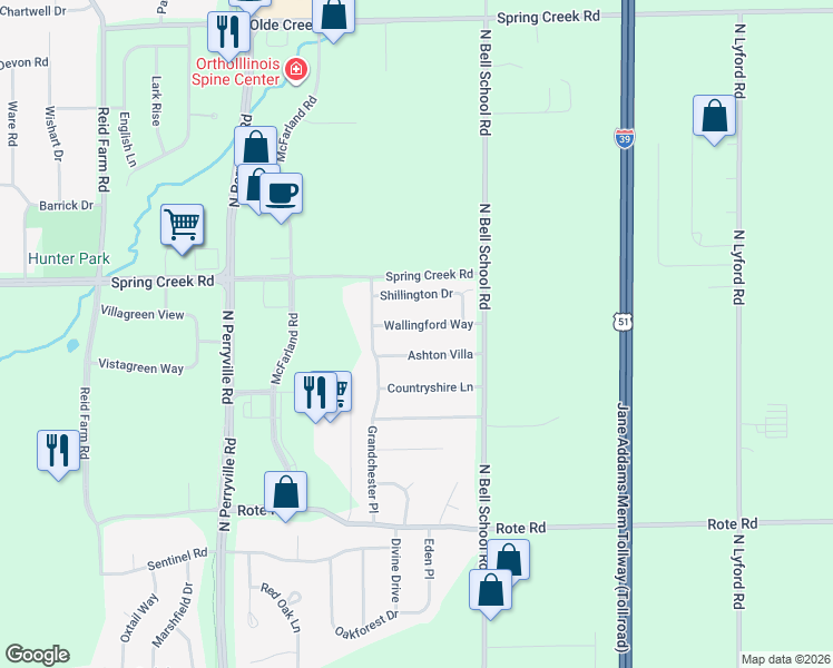 map of restaurants, bars, coffee shops, grocery stores, and more near 7355 Wallingford Way in Rockford