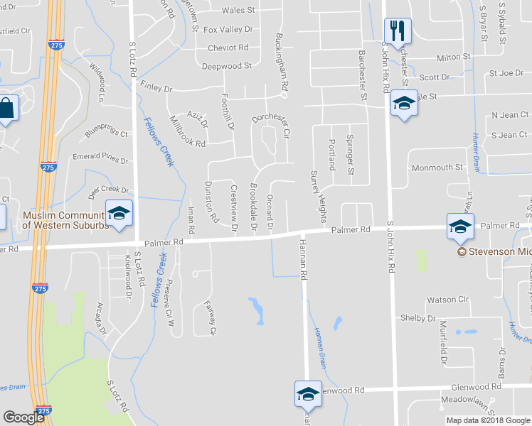 map of restaurants, bars, coffee shops, grocery stores, and more near 1713 Orchard Drive in Canton