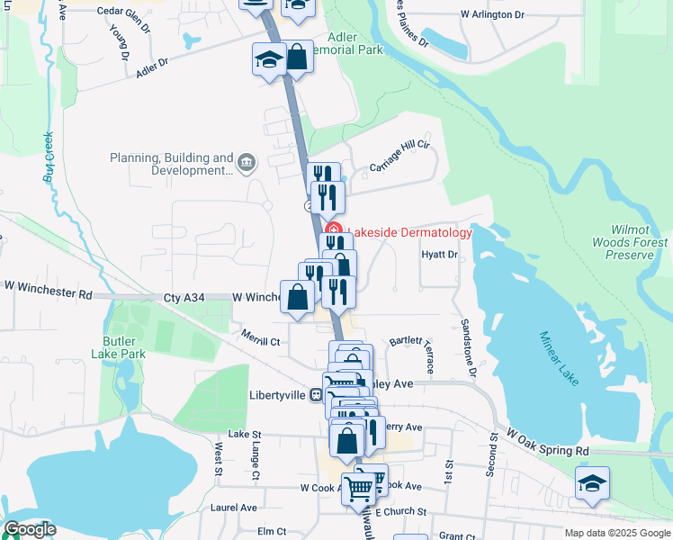 map of restaurants, bars, coffee shops, grocery stores, and more near 1124 North Milwaukee Avenue in Libertyville