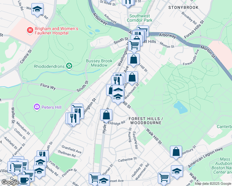 map of restaurants, bars, coffee shops, grocery stores, and more near 160 Hyde Park Avenue in Boston