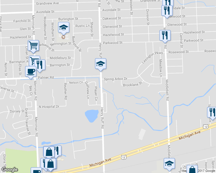 map of restaurants, bars, coffee shops, grocery stores, and more near 30303 Spring Court in Inkster