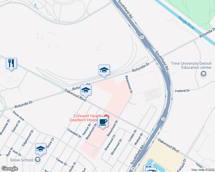 map of restaurants, bars, coffee shops, grocery stores, and more near 18501 Rotunda Drive in Dearborn