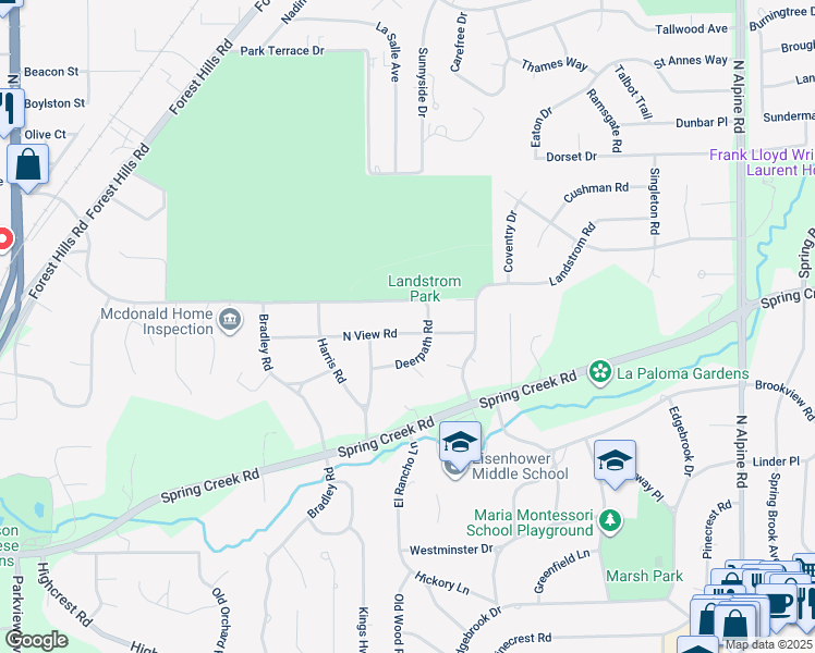 map of restaurants, bars, coffee shops, grocery stores, and more near 3422 North View Road in Rockford