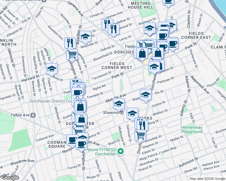 map of restaurants, bars, coffee shops, grocery stores, and more near Waldeck St & Tremlett St in Boston