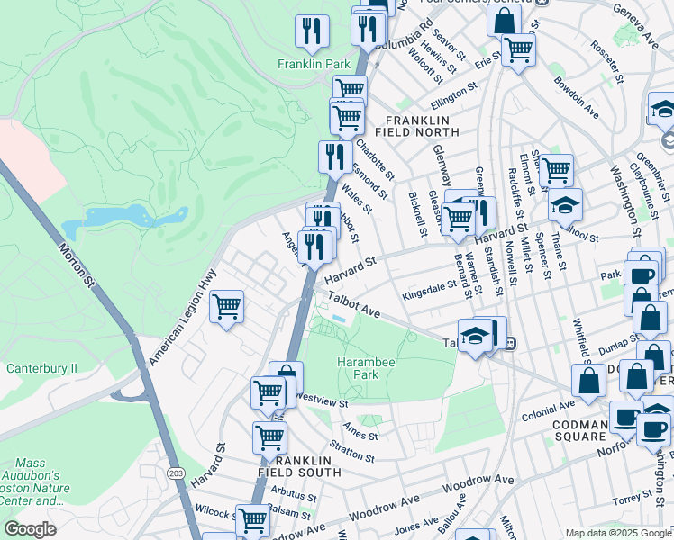 map of restaurants, bars, coffee shops, grocery stores, and more near 19 Vesta Road in Boston