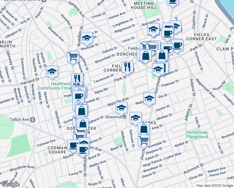 map of restaurants, bars, coffee shops, grocery stores, and more near 17 Waldeck Street in Boston