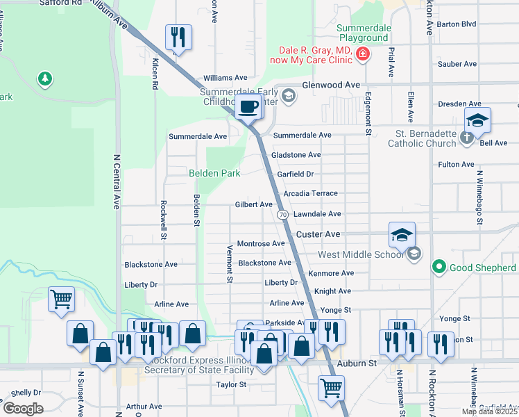 map of restaurants, bars, coffee shops, grocery stores, and more near 3202 Gilbert Avenue in Rockford