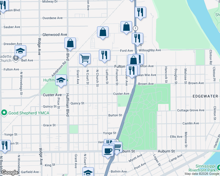 map of restaurants, bars, coffee shops, grocery stores, and more near 2123 Latham Street in Rockford