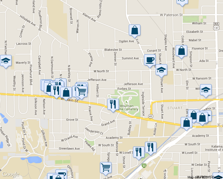 map of restaurants, bars, coffee shops, grocery stores, and more near 1415 Forbes St in Kalamazoo