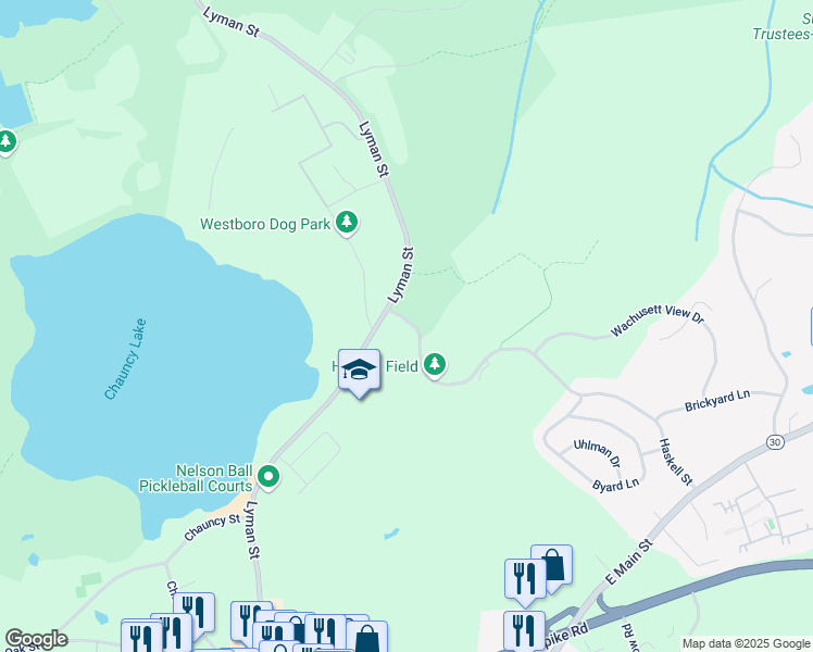 map of restaurants, bars, coffee shops, grocery stores, and more near 66 Haskell Street in Westborough