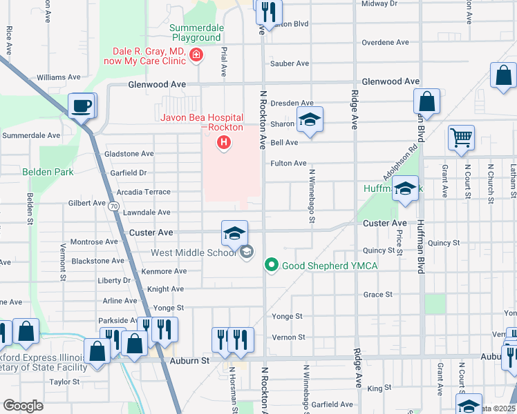 map of restaurants, bars, coffee shops, grocery stores, and more near 2202 North Rockton Avenue in Rockford