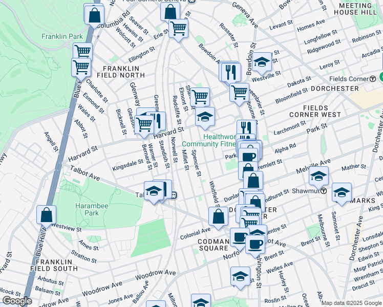 map of restaurants, bars, coffee shops, grocery stores, and more near 45 Spencer Street in Boston