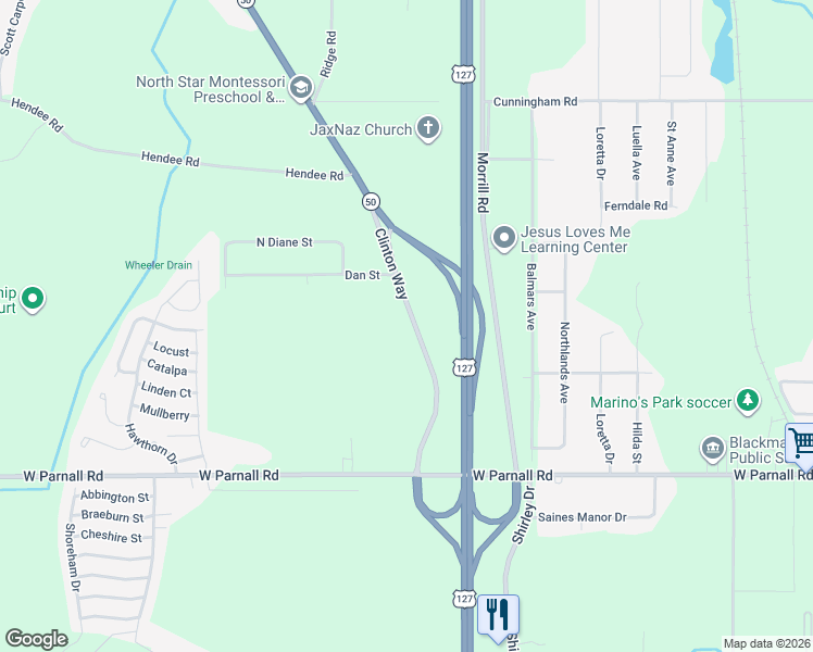 map of restaurants, bars, coffee shops, grocery stores, and more near 3342-3598 Clinton Way in Jackson