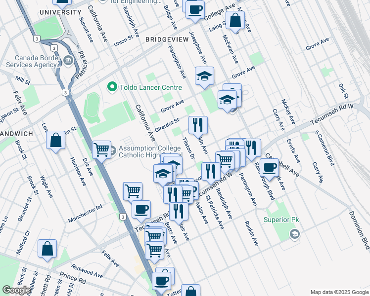 map of restaurants, bars, coffee shops, grocery stores, and more near 1277 Tilston Drive in Windsor