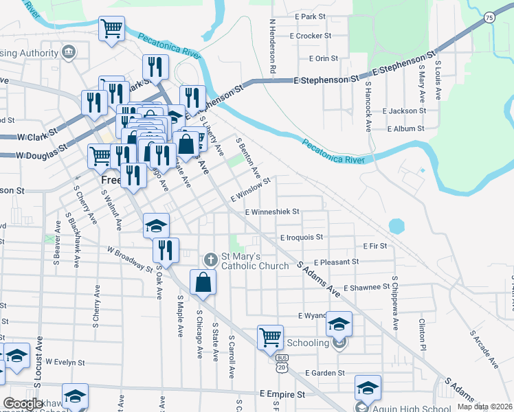 map of restaurants, bars, coffee shops, grocery stores, and more near 456 South Benton Avenue in Freeport