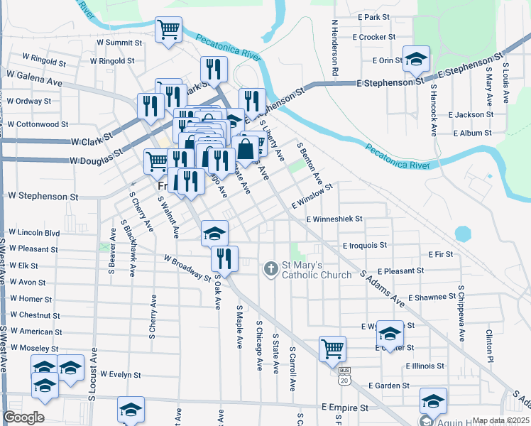 map of restaurants, bars, coffee shops, grocery stores, and more near 413 South State Avenue in Freeport