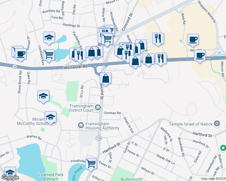 map of restaurants, bars, coffee shops, grocery stores, and more near 4 Rachel Road in Framingham