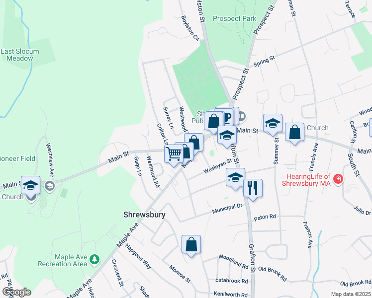 map of restaurants, bars, coffee shops, grocery stores, and more near 520 Main Street in Shrewsbury