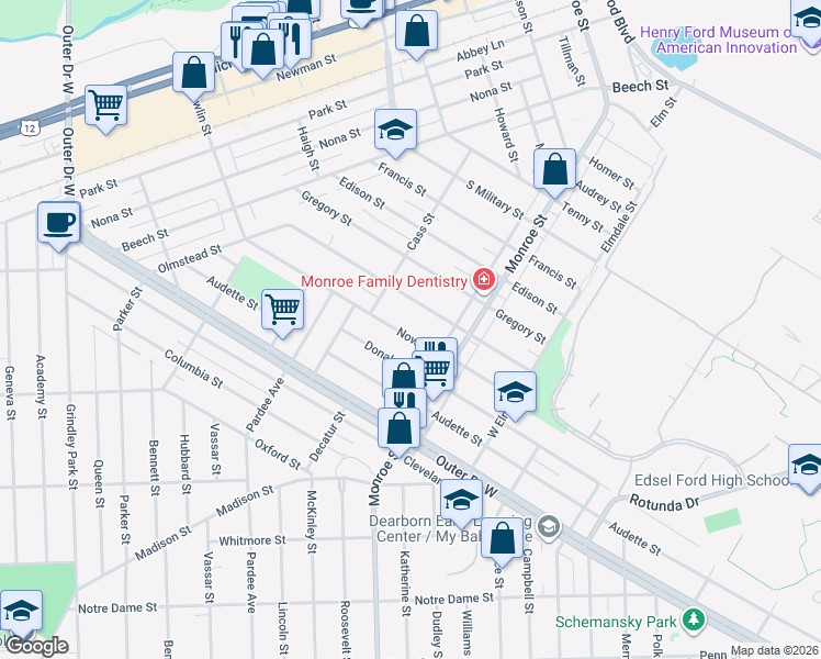 map of restaurants, bars, coffee shops, grocery stores, and more near 22130 Nowlin Street in Dearborn