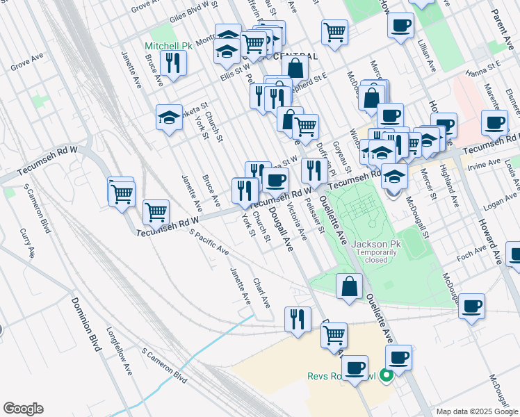 map of restaurants, bars, coffee shops, grocery stores, and more near 395 Tecumseh Road West in Windsor