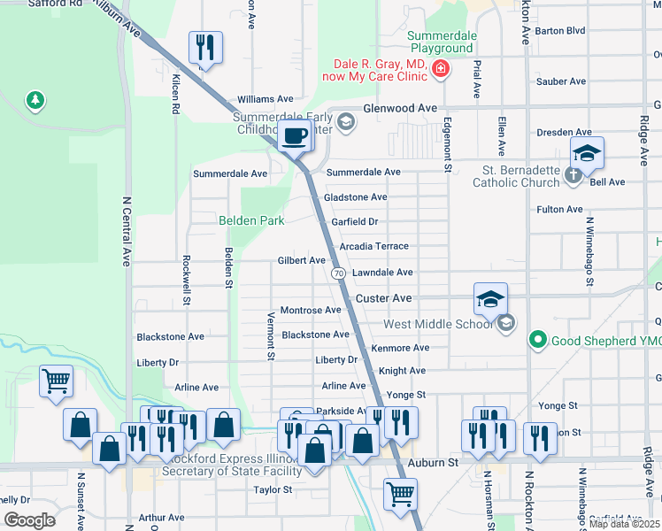 map of restaurants, bars, coffee shops, grocery stores, and more near 2220 Illinois 70 in Rockford