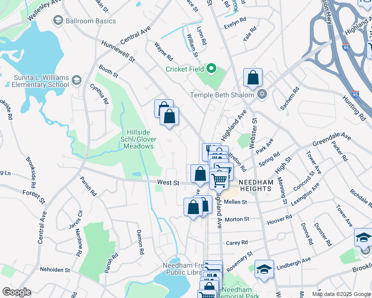 map of restaurants, bars, coffee shops, grocery stores, and more near 65 Crescent Road in Needham