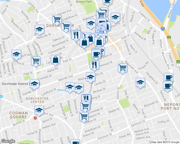 map of restaurants, bars, coffee shops, grocery stores, and more near 6 Silloway Street in Boston