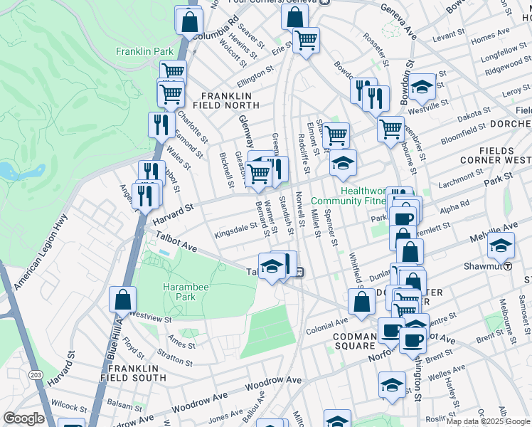 map of restaurants, bars, coffee shops, grocery stores, and more near 19 Warner Street in Boston