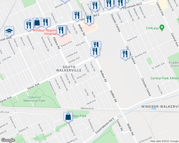 map of restaurants, bars, coffee shops, grocery stores, and more near 2462 Byng Road in Windsor