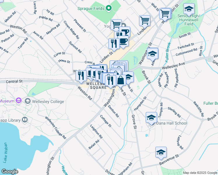 map of restaurants, bars, coffee shops, grocery stores, and more near 575 Washington Street in Wellesley