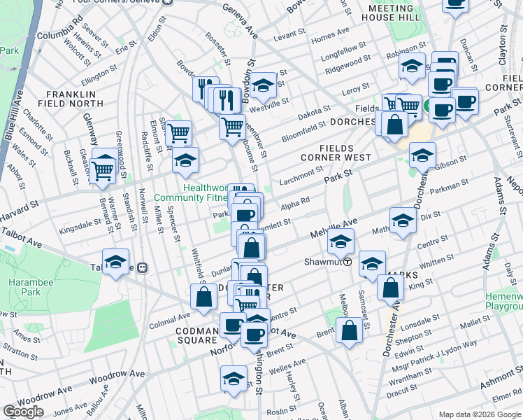 map of restaurants, bars, coffee shops, grocery stores, and more near 22 Regina Rd in Dorchester Center
