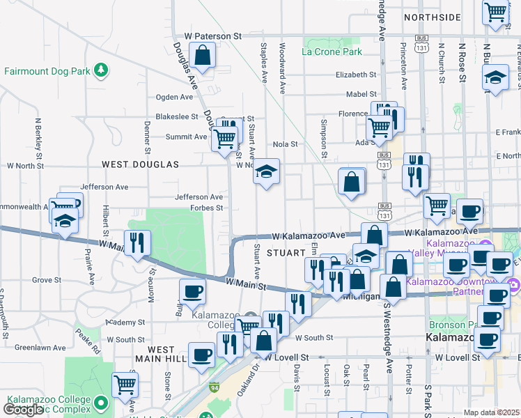 map of restaurants, bars, coffee shops, grocery stores, and more near 436 Stuart Avenue in Kalamazoo