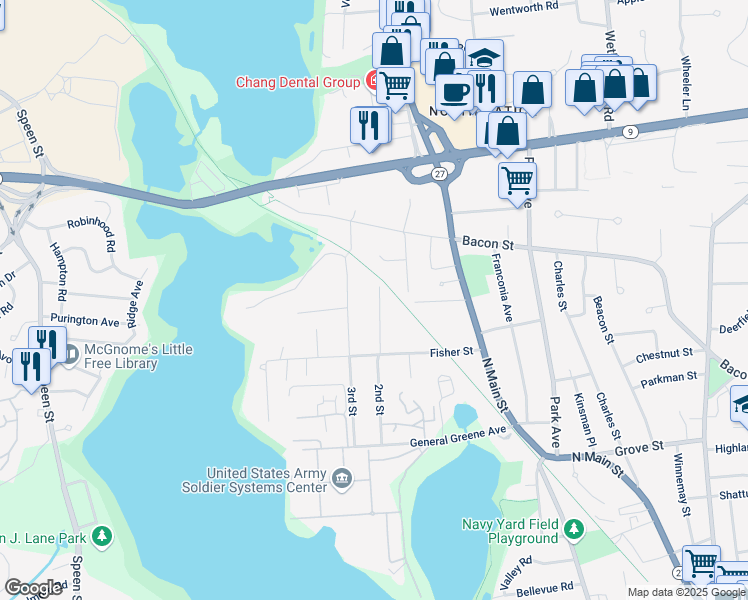 map of restaurants, bars, coffee shops, grocery stores, and more near 46 2nd Street in Natick