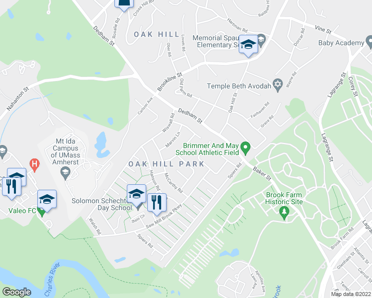 map of restaurants, bars, coffee shops, grocery stores, and more near 32 Myerson Lane in Newton