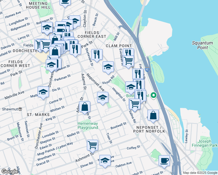 map of restaurants, bars, coffee shops, grocery stores, and more near in Boston