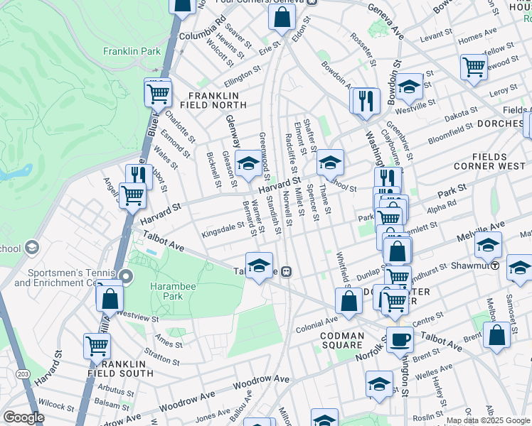 map of restaurants, bars, coffee shops, grocery stores, and more near 18-24 Standish Street in Boston