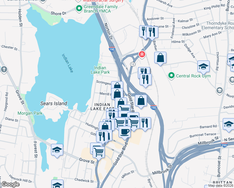 map of restaurants, bars, coffee shops, grocery stores, and more near 3 Merrill Road in Worcester