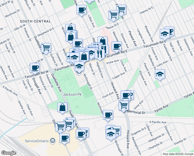 map of restaurants, bars, coffee shops, grocery stores, and more near 2260 Mercer Street in Windsor
