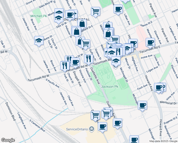 map of restaurants, bars, coffee shops, grocery stores, and more near 2144 Pelissier Street in Windsor