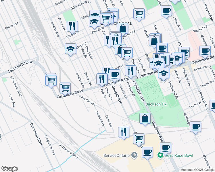 map of restaurants, bars, coffee shops, grocery stores, and more near 395 Tecumseh Road West in Windsor
