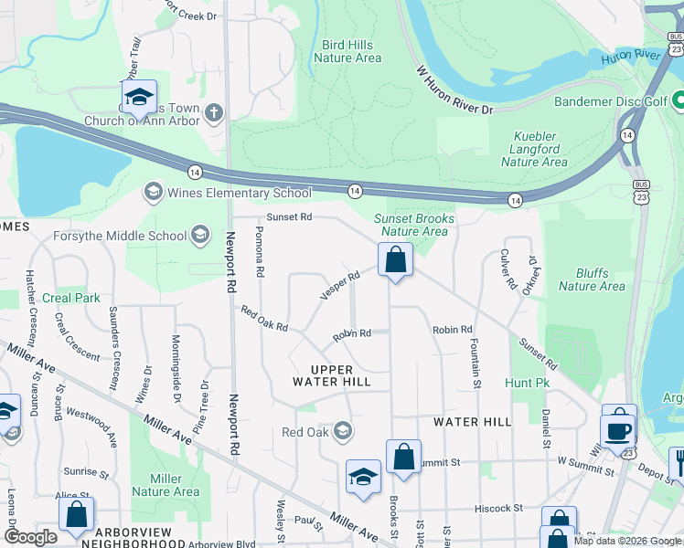 map of restaurants, bars, coffee shops, grocery stores, and more near 915 Vesper Road in Ann Arbor