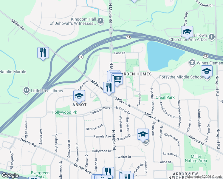 map of restaurants, bars, coffee shops, grocery stores, and more near in Washtenaw County