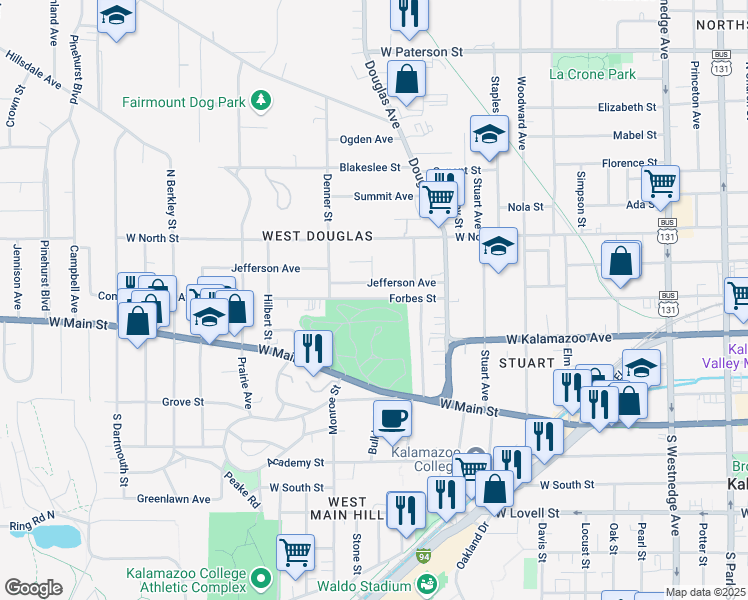map of restaurants, bars, coffee shops, grocery stores, and more near 1236 Forbes Street in Kalamazoo