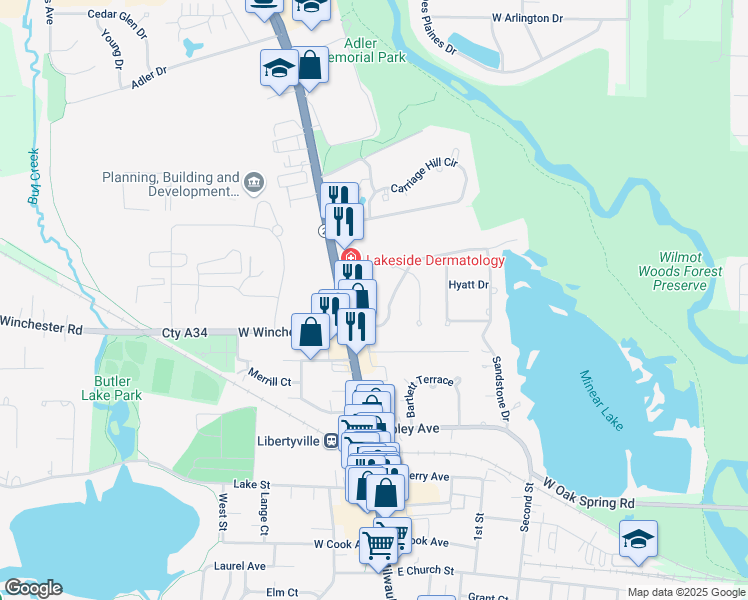 map of restaurants, bars, coffee shops, grocery stores, and more near 133 East Winchester Road in Libertyville