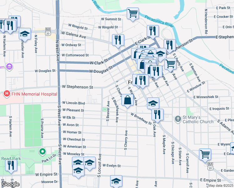 map of restaurants, bars, coffee shops, grocery stores, and more near 110-112 North Cherry Avenue in Freeport