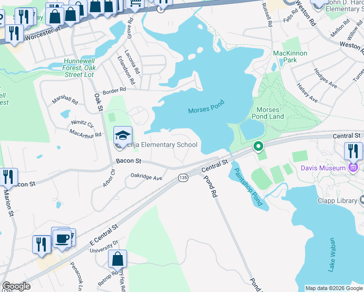 map of restaurants, bars, coffee shops, grocery stores, and more near 32R College Road in Wellesley