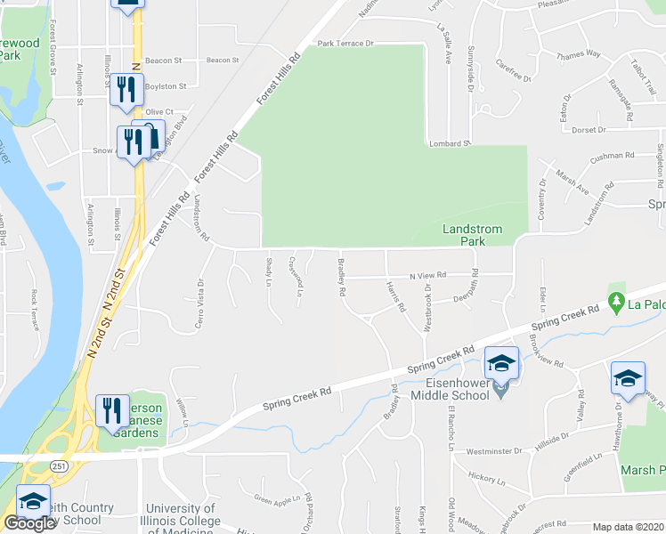 map of restaurants, bars, coffee shops, grocery stores, and more near 2710 Bradley Road in Rockford